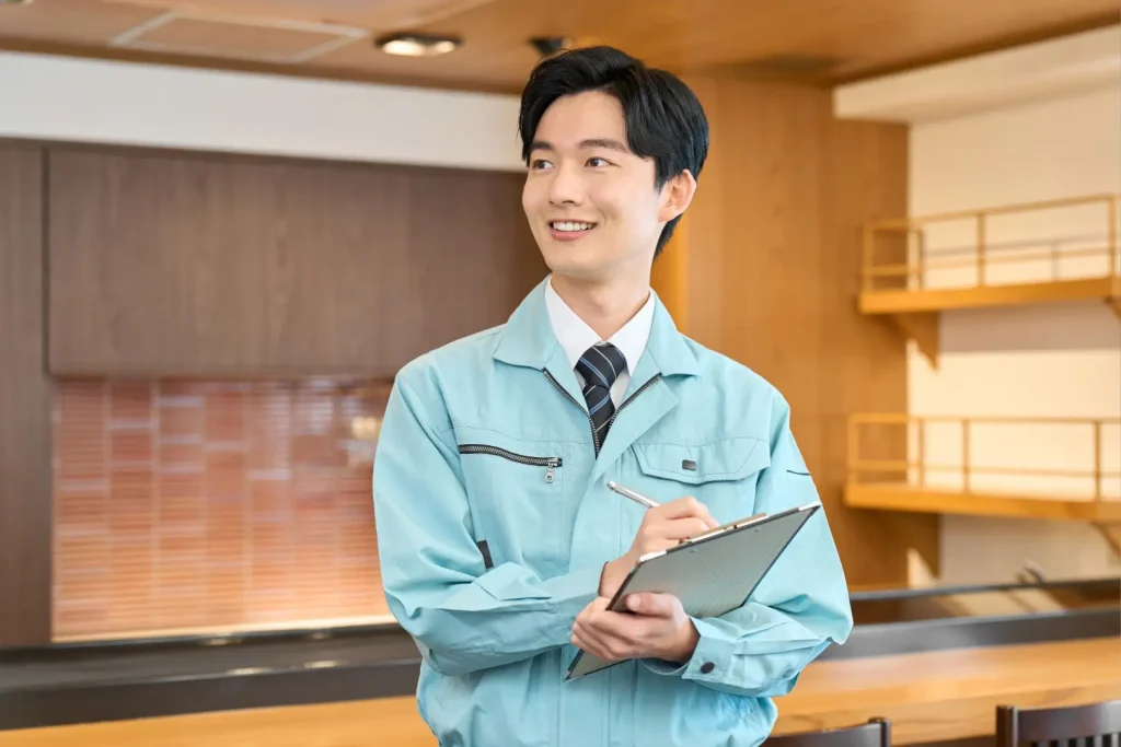 作業服を着た男性がダッシュボードを持ってチエック