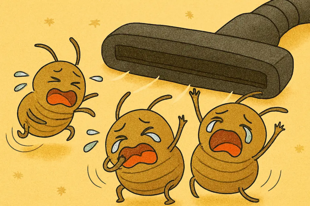 掃除機で吸い取られそうになるダニのイラスト