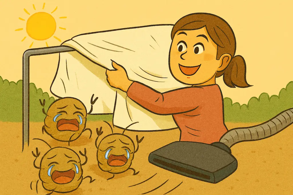 掃除機で吸い込まれそうなダニと布団を干す女性のイラスト