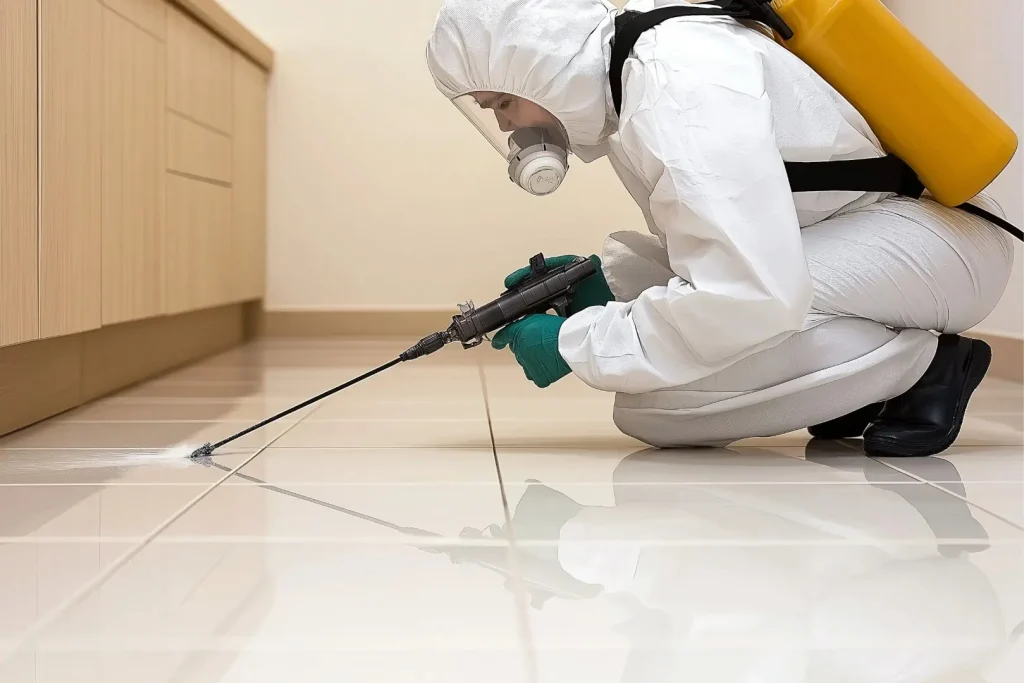 作業服を着用した業者が床を消毒する様子