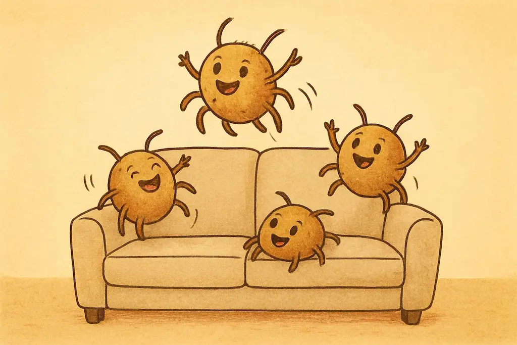 ソファーの上にダニが飛び跳ねて喜ぶイラスト