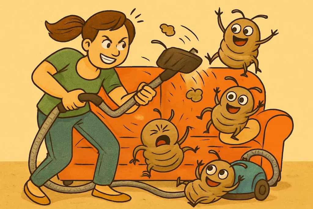 ソファーのダニを掃除機で吸い込む女性のイラスト