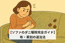 ダニがいるソファーに座った女性が腕を掻いているイラスト