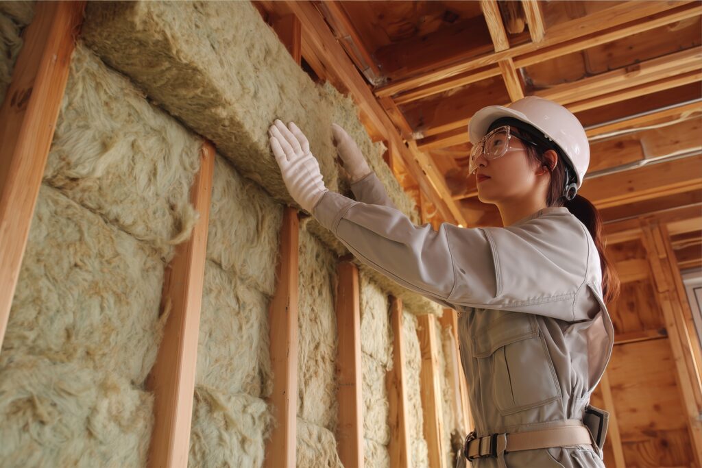 断熱材を手で押し込む作業服を着た女性