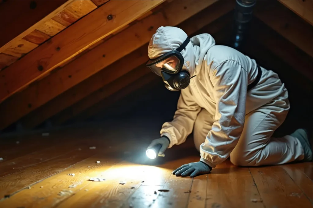 屋根裏の床をライトで照らす防護服着用の作業員