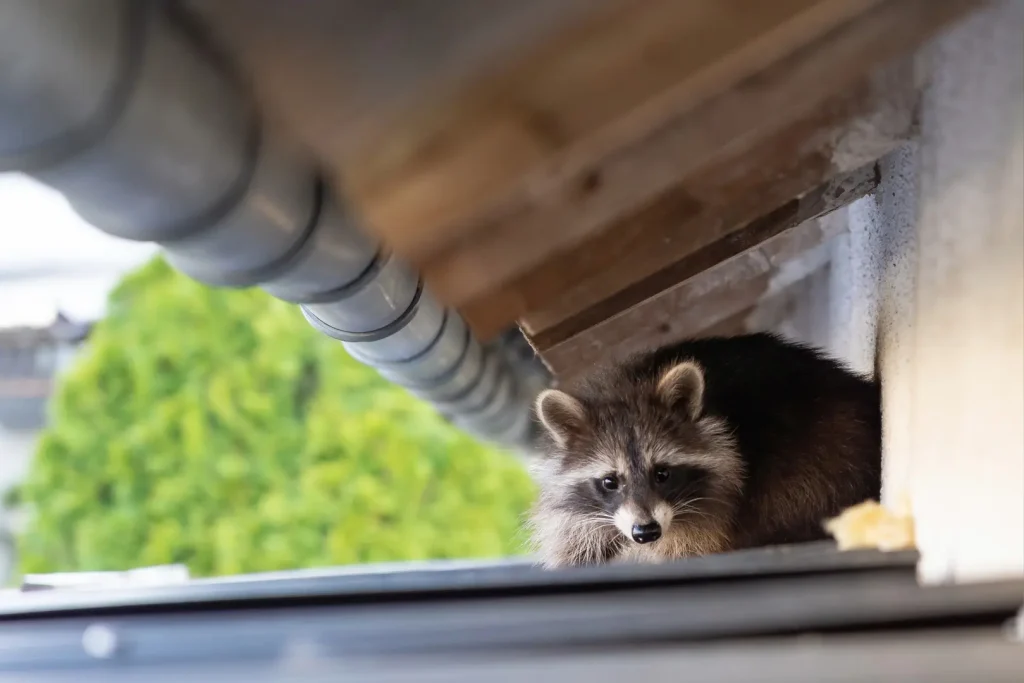 軒下にいるアライグマ
