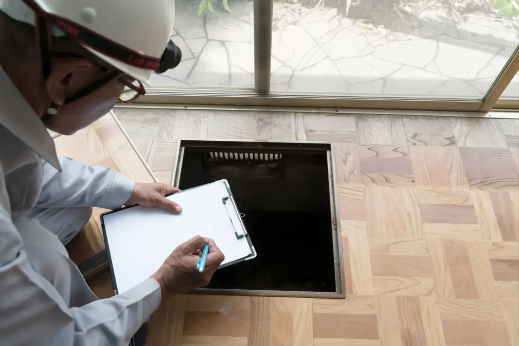 床下を点検する作業員