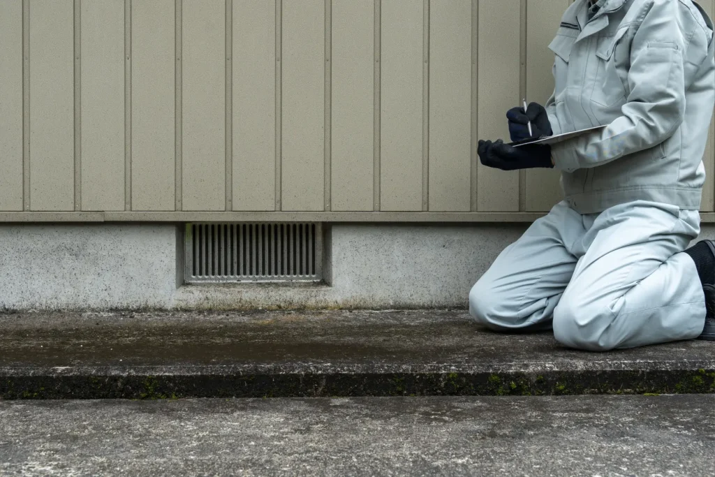 床下換気口を点検する作業員