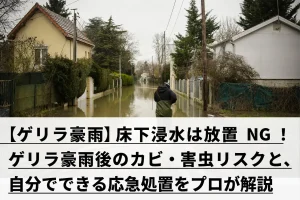浸水した住宅地を歩く男性