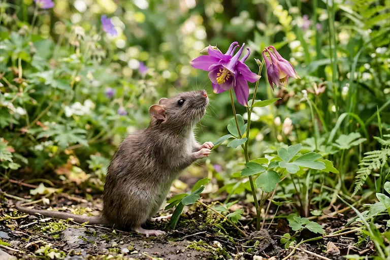 花の横に立つネズミ