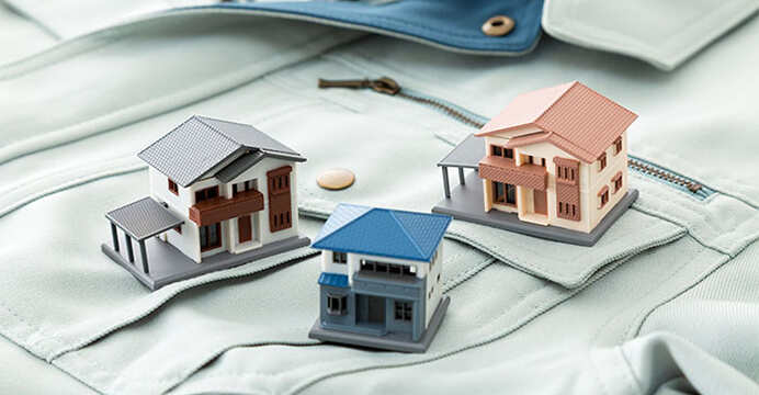 作業服の上に置かれた住宅模型
